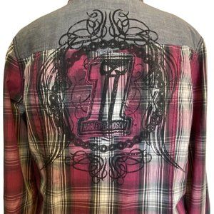 Women's Harley Davidson XL Red Plaid Long Sleeve Shirt with Pearl Snaps